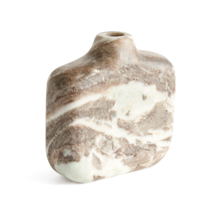 Brown and white marble vase with a broad flat body, rounded corners and short neck, showing natural veins. Modern Organic
