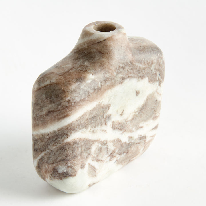 Angled view of a marble vase with slim depth, rounded shoulders, short neck and natural brown-white veining. Modern Organic