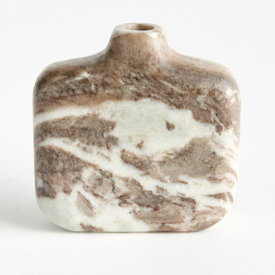Front view of a brown and white marble vase with a flattened body, short neck and broad layered stone veins. Modern Organic