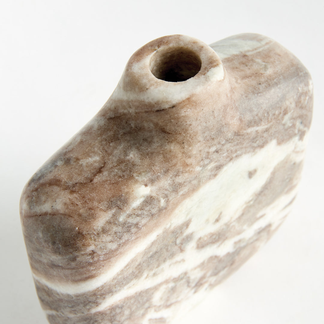 Close view of neck and opening of a brown and white marble vase, showing rounded shoulders and honed finish. Modern Organic