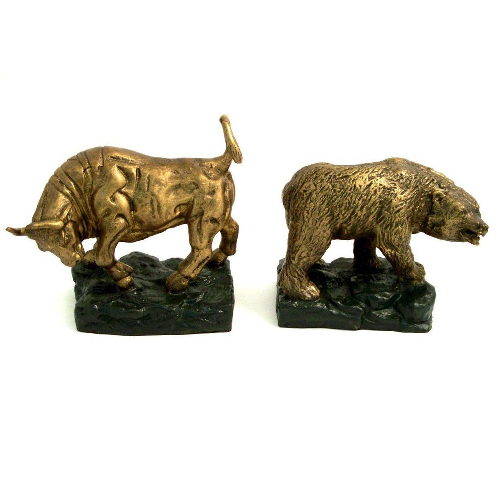 Pair of bronzed bull and bear bookends, compact 5 x 3.5 x 7" scale, heavy cast metal office accents – Executive Gift Collection