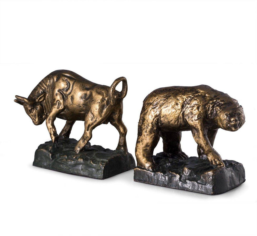 Hand-painted bronze bull and bear bookends in cast metal, 7" tall with 13 lb weight, detailed sculpting – Executive Gift Decor
