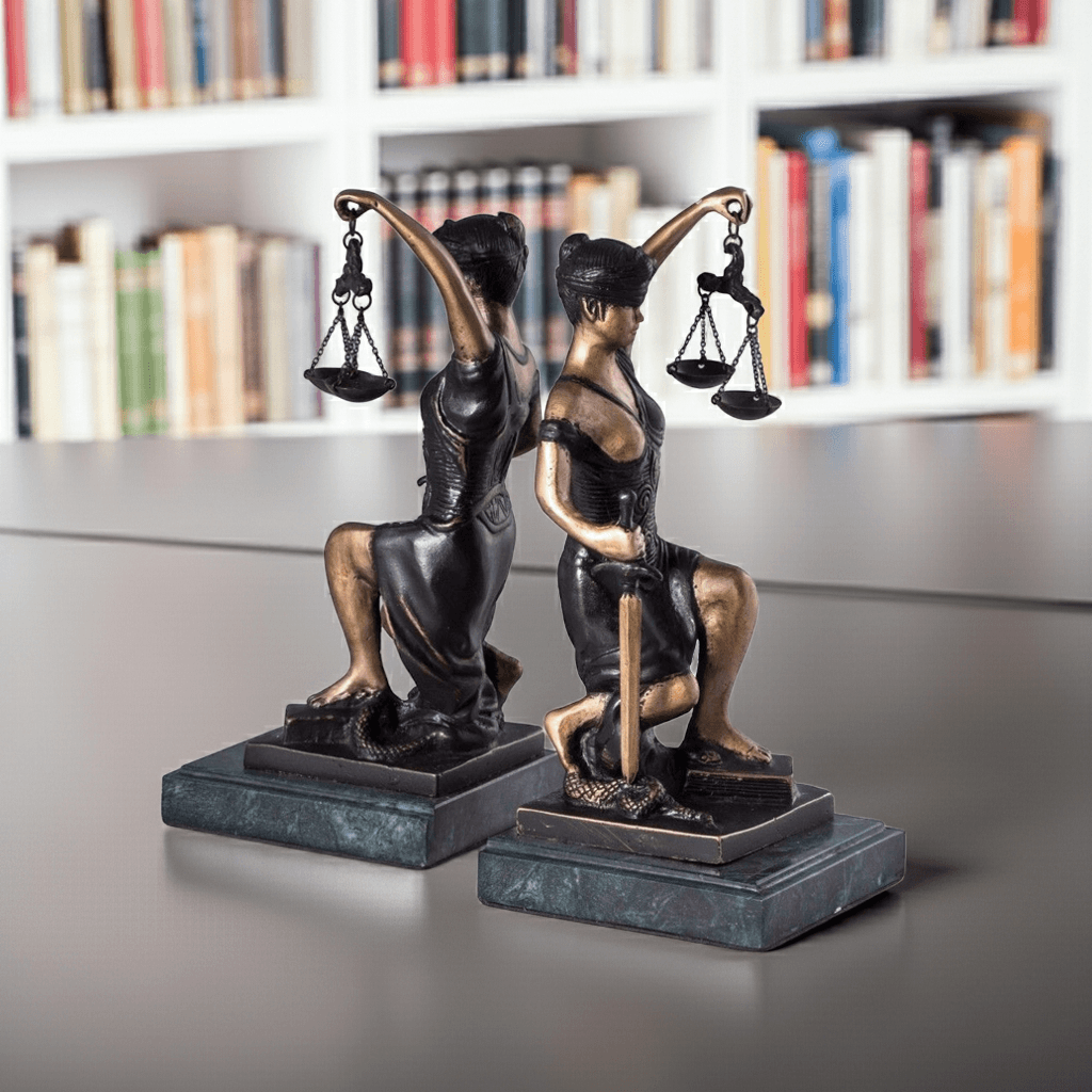 Bronze Lady Justice bookends with sculptural figures and scales, set on polished green marble bases, 8.5 inch height, angled view – Professional Gift.