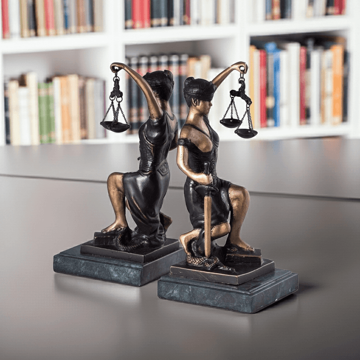 Bronze Lady Justice bookends with sculptural figures and scales, set on polished green marble bases, 8.5 inch height, angled view – Professional Gift.