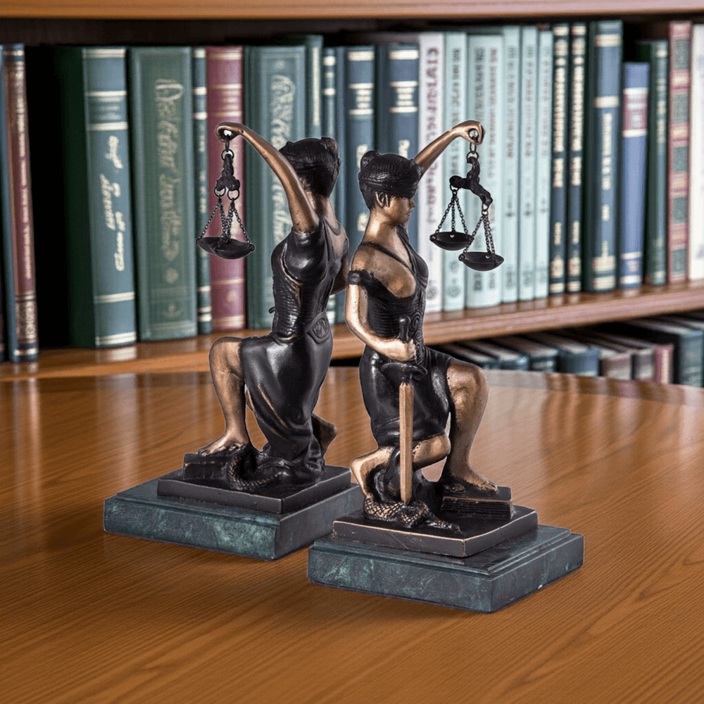 Pair of bronze Lady Justice bookends on green marble bases, 8.5 inch height, displayed on office desk with law books in background – Professional Gift.