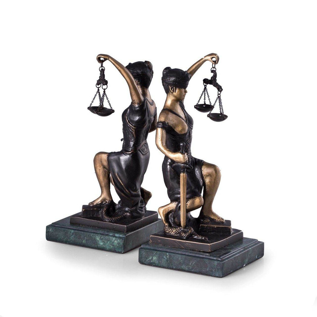 Bronze Lady Justice bookends with blindfold, scales, and sword on polished green marble bases, 8.5 inches tall, shown from front view – Professional Gift.