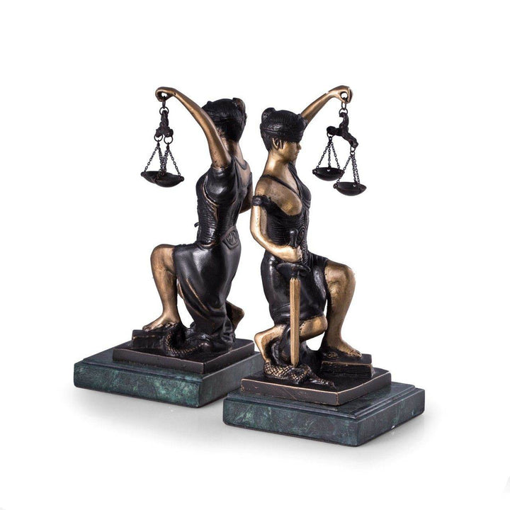 Bronze Lady Justice bookends with blindfold, scales, and sword on polished green marble bases, 8.5 inches tall, shown from front view – Professional Gift.
