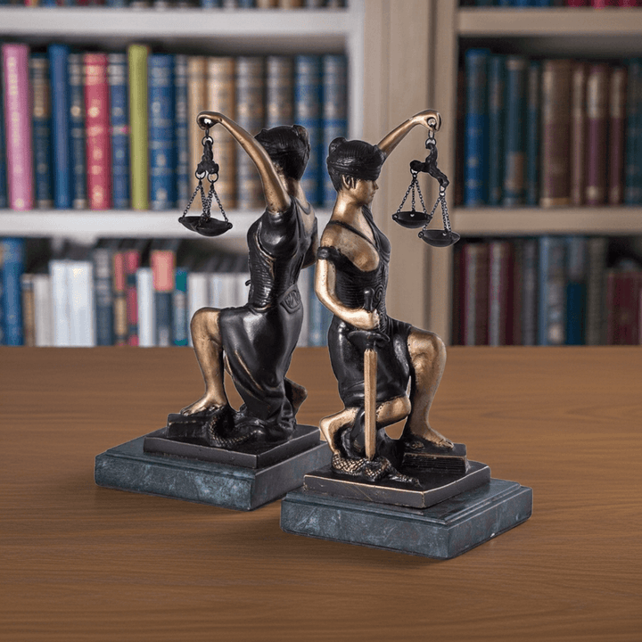 Bronze Lady Justice bookends with chain-hung scales on green marble bases, 8.5 inches tall, styled on bookshelf with legal volumes – Professional Gift.