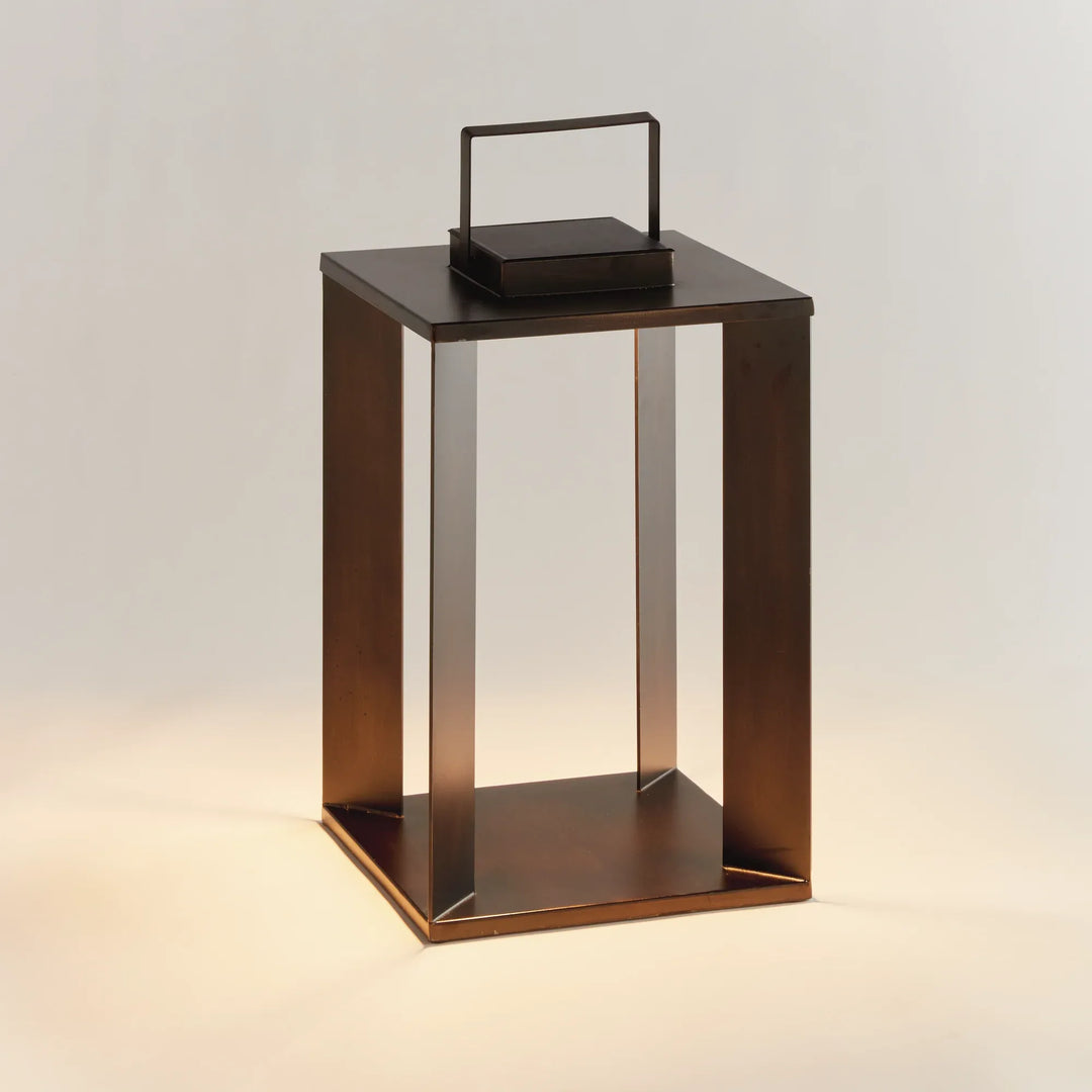Brushed bronze solar LED lantern 18 inch outdoor metal lantern with warm lighting and clean architectural frame