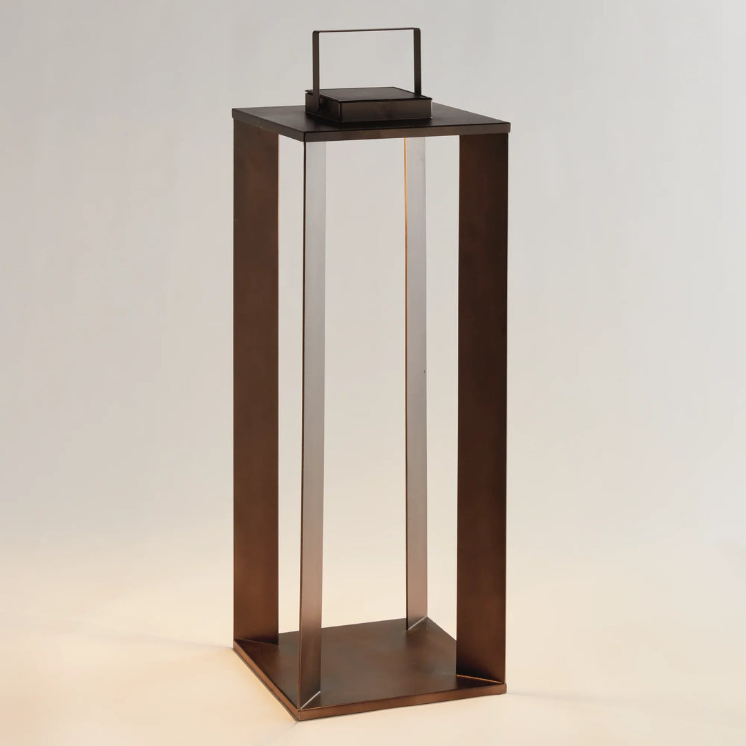 Brushed bronze solar LED lantern 30 inch outdoor lighting with large architectural frame and warm ambient illumination