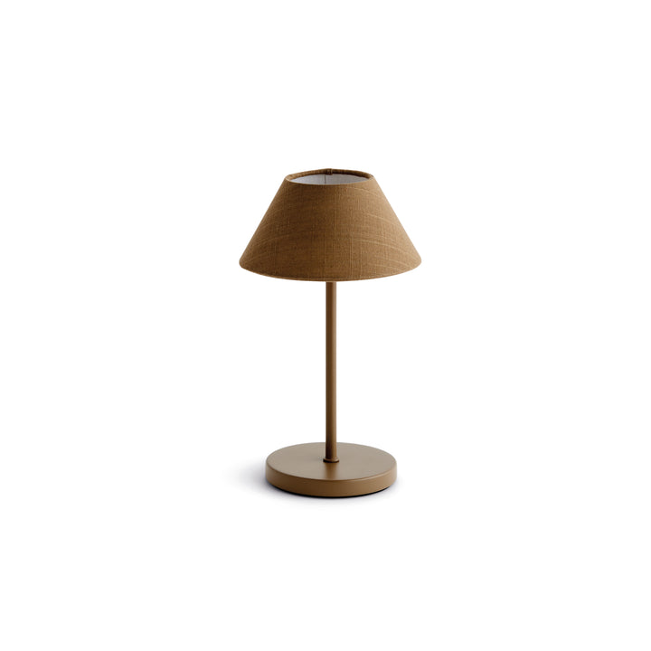 Brown cordless LED table lamp with linen empire shade, rechargeable battery, and touch dimming controls, 10 inch size – Coastal Transitional