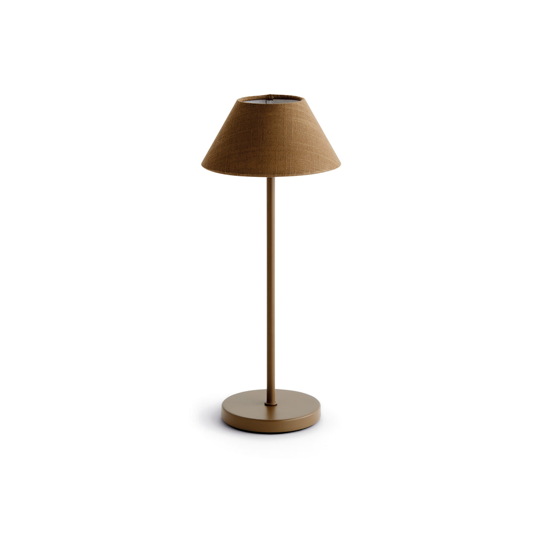 Brown cordless LED table lamp with linen empire shade, rechargeable battery, and touch dimming controls, 14 inch size – Coastal Transitional