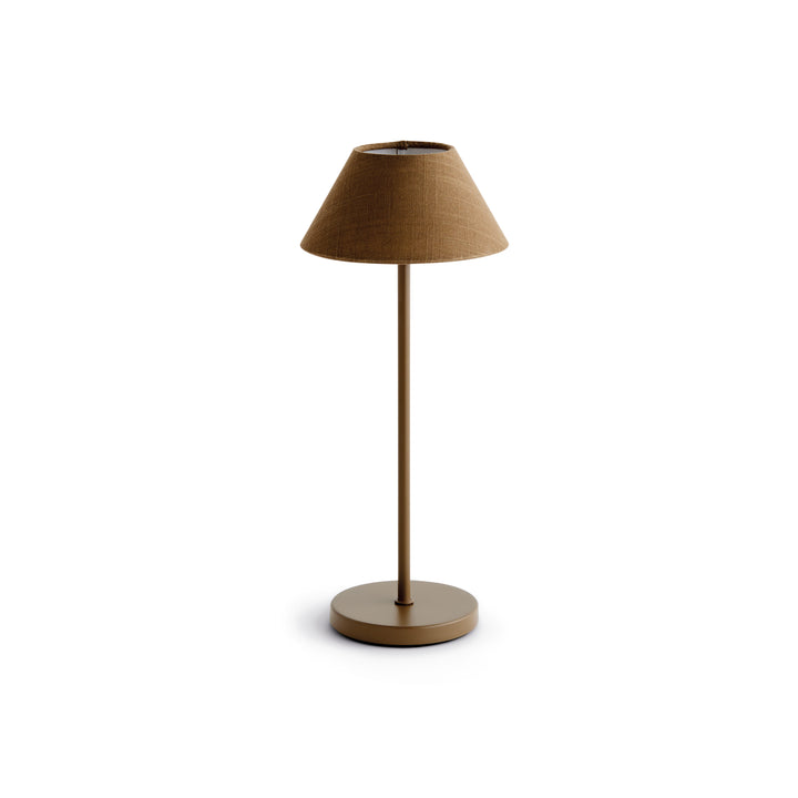 Brown cordless LED table lamp with linen empire shade, rechargeable battery, and touch dimming controls, 14 inch size – Coastal Transitional