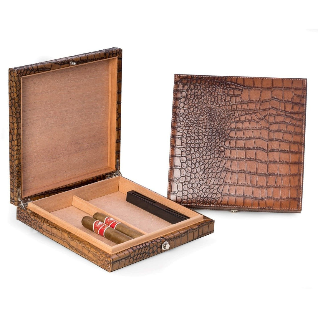 Brown croco leather cigar humidor with Spanish cedar lining, humidistat, and storage for up to 12 cigars – Executive Luxe