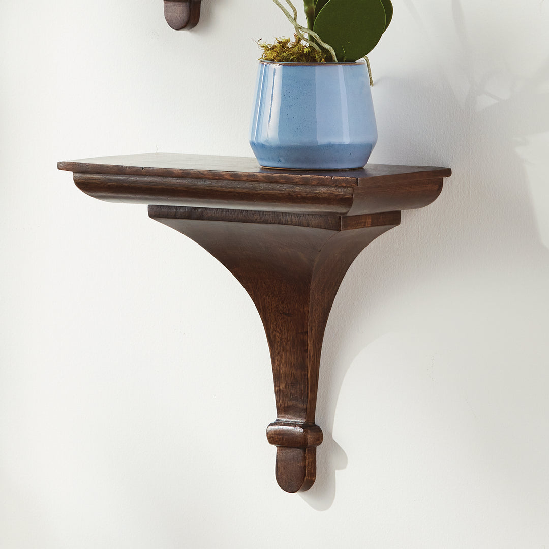 Antique brown decorative wall shelf made of mango wood, styled with a potted plant and mounted above neutral interior decor.

