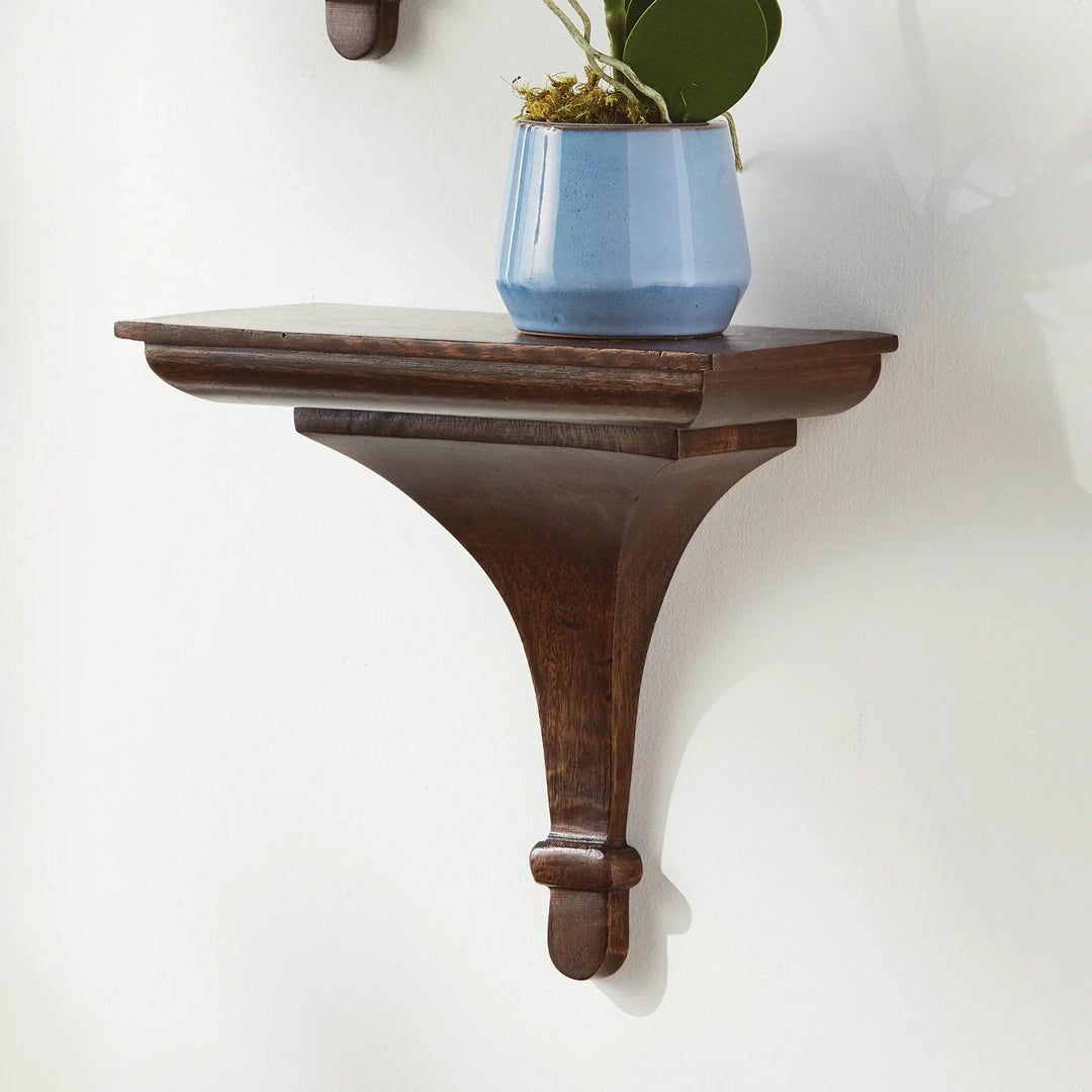 Antique brown decorative wall shelf made of mango wood, styled with a potted plant and mounted above neutral interior decor.

