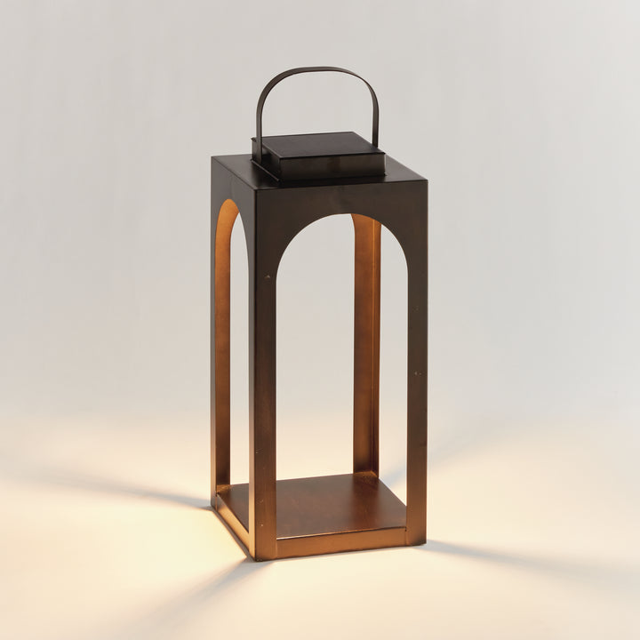 Brushed bronze modern arched solar LED outdoor lantern with powder-coated metal frame and warm 3000K illumination in an 18-inch height – Transitional