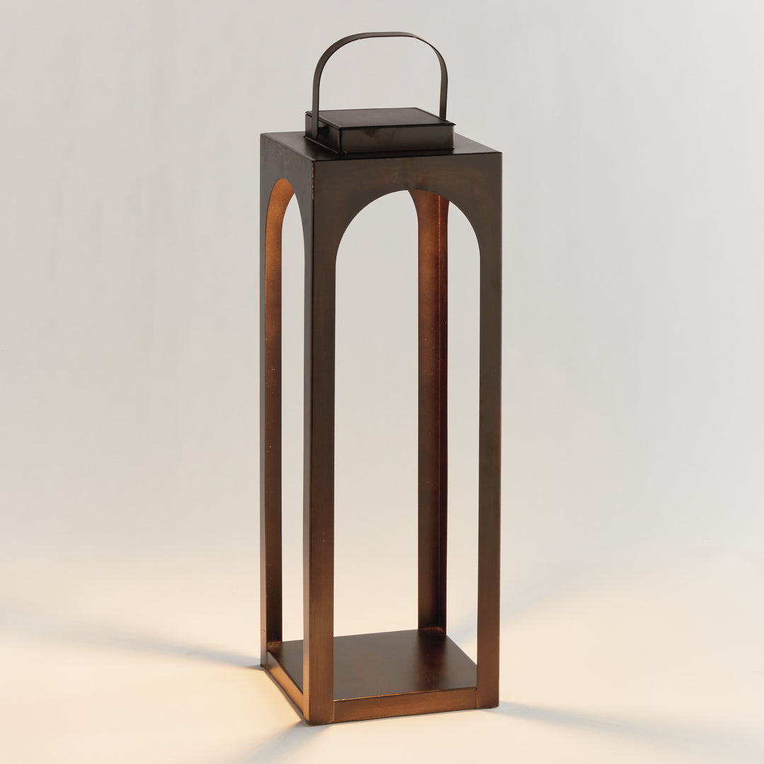 Brushed bronze modern arched solar LED outdoor lantern with powder-coated metal frame and warm 3000K illumination in a 24-inch height – Transitional