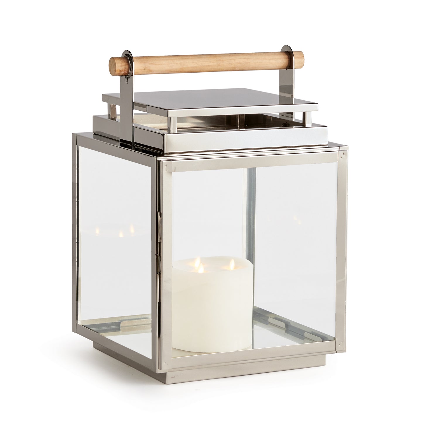 This outdoor garden lantern features a teak handle, wide glass panes, and a tailored square profile for a handsome look on your patio, porch, or lanai. The exclusive chrome design sets it apart from others, making it a stylish addition that can't be found anywhere else. This lantern is a premium lighting solution that guarantees unmatched style and quality.