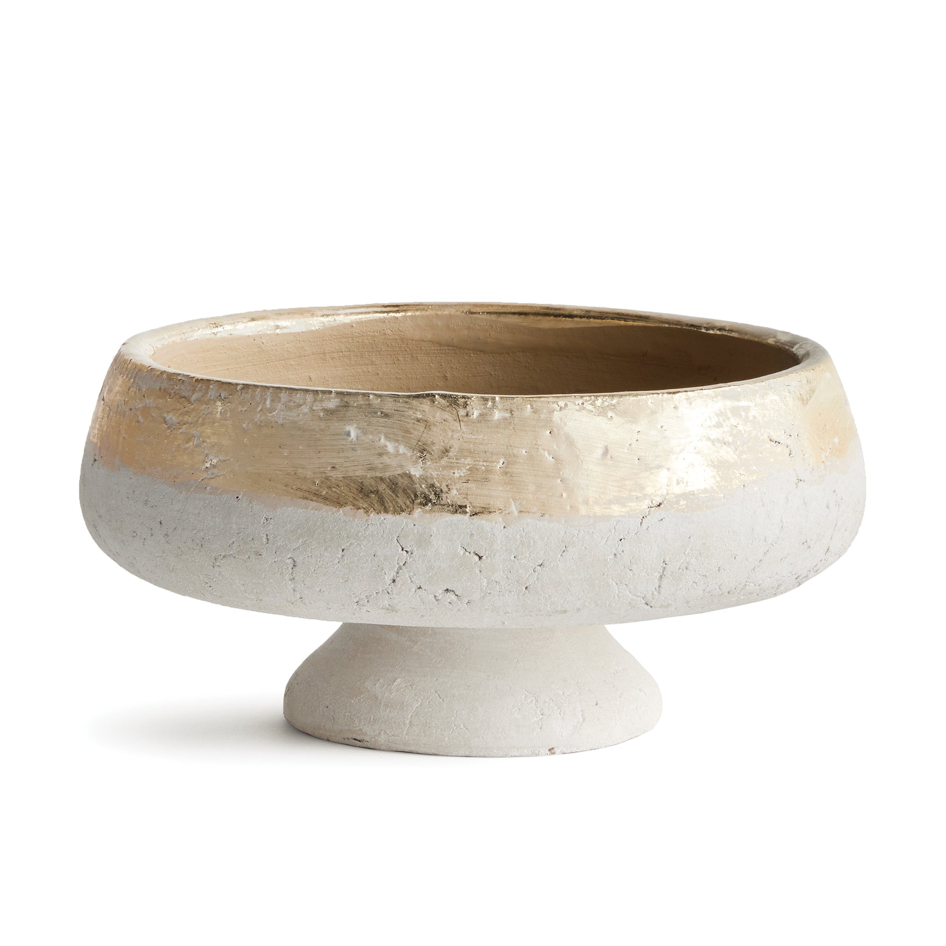 Hand-dipped in a radiant champagne glaze and with a rough, uneven texture, this decorative footed bowl is a dynamic accessory. Tuck into a book shelf or on a home office desk for a rich, artisan look.