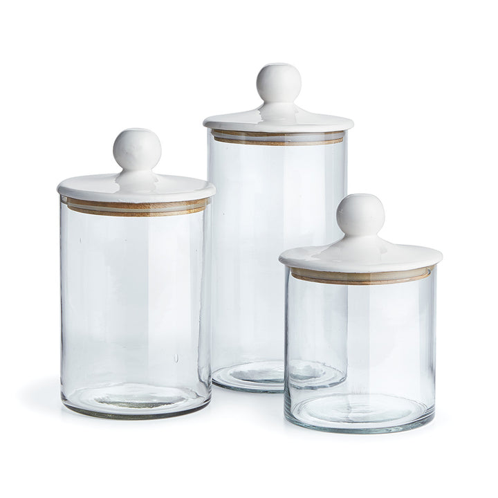 Set of 3 Glass and Mango Wood Canisters with Minimalist Design