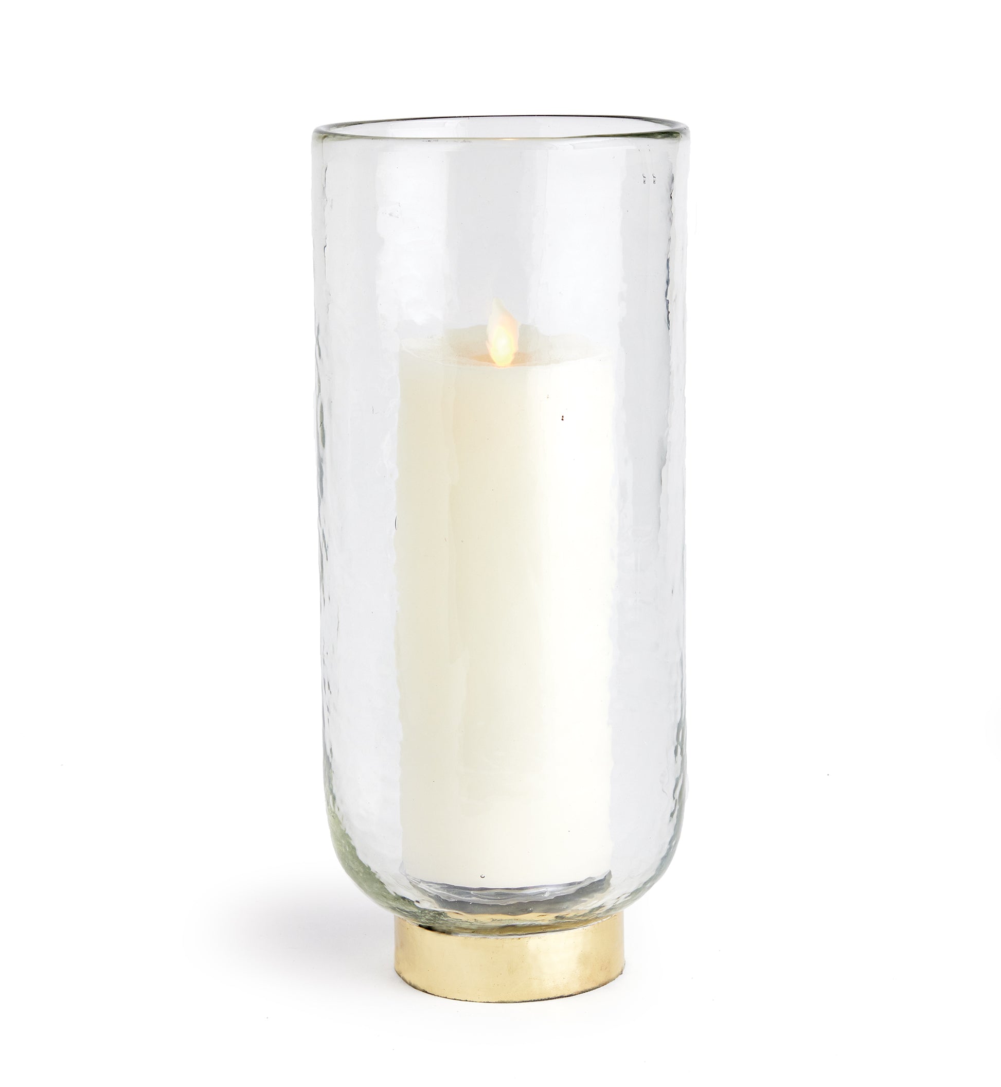 Made of a thick, hammered glass and featuring a melted uneven edge this hurricane  has an artisan's touch. Finished off with a hammered gold rim Base, an elegant accent for console, bookshelf or mantel.