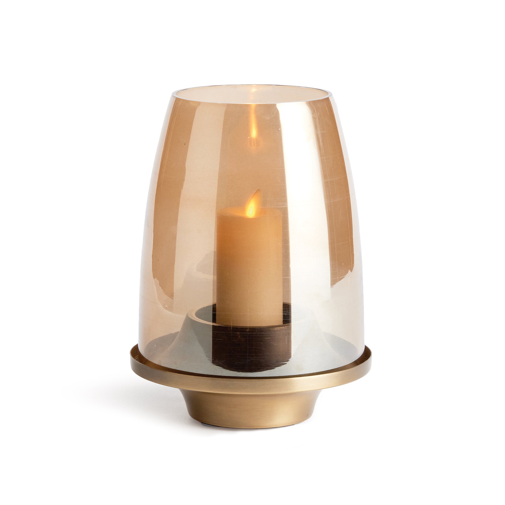 The sweeping tapered Base of this contemporary design gives it a floating quality. The warm luster glass hurricane and matte brass finish only add its appeal.