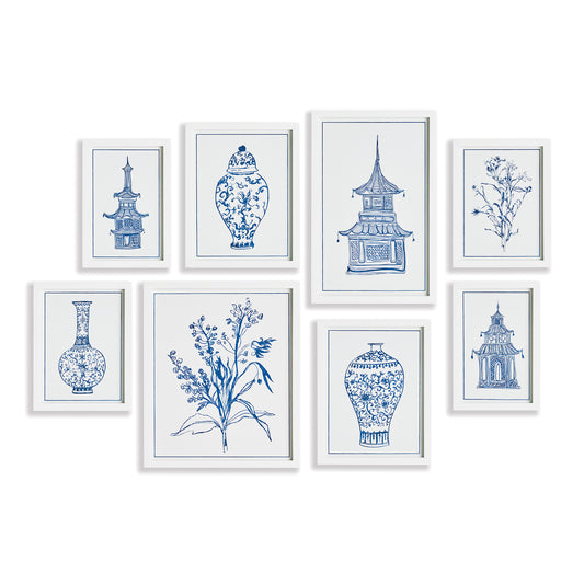 These traditional chinoiserie-inspired elements make a dynamic set of prints.  Paired with a simple white wood frame. This monochromatic set of eight was carefully curated to create a stunning salon style arrangement, but can also be split up into sets for smaller spaces.