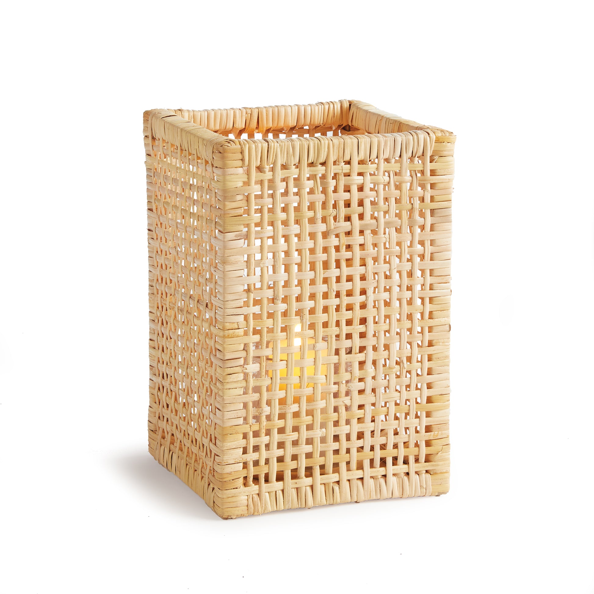 The tightly woven design and natural tones of the rattan make this hurricane stand out. Complete with a closed bottom glass insert, it may also be used as a vase. How sweet!