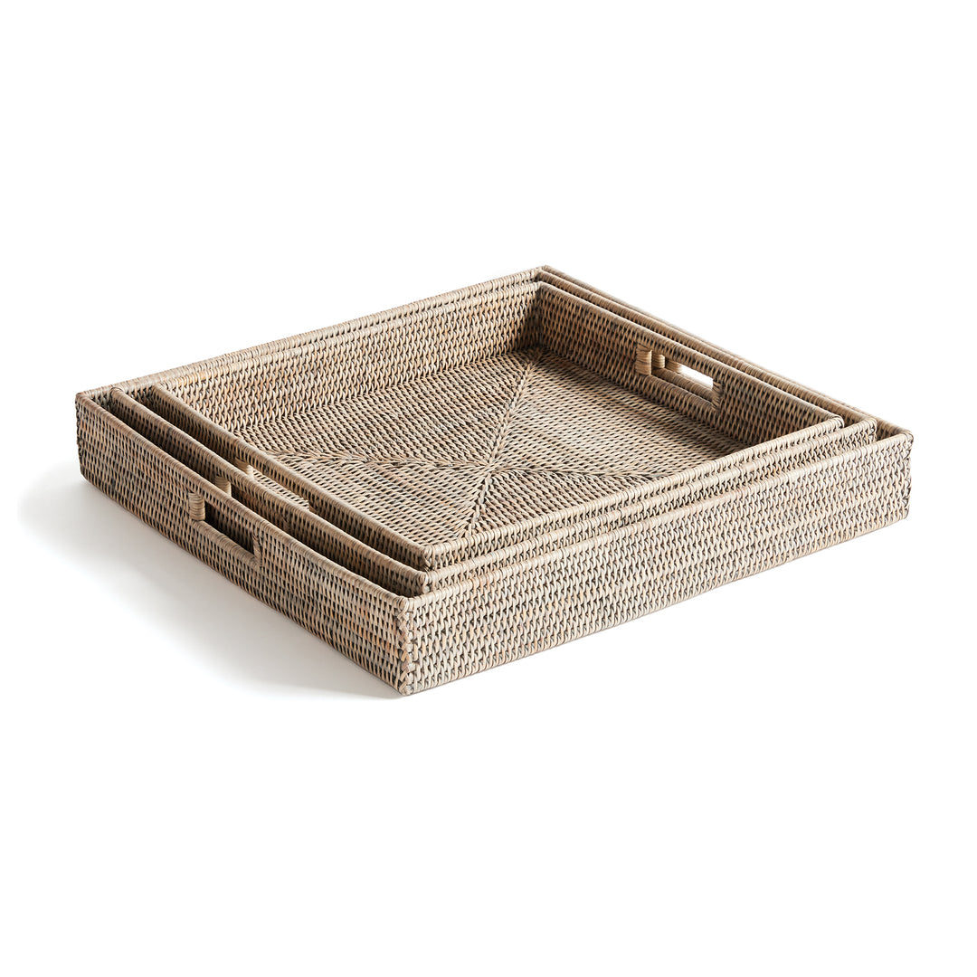 Burma Graywash Rattan Ottoman Trays, Set Of 3