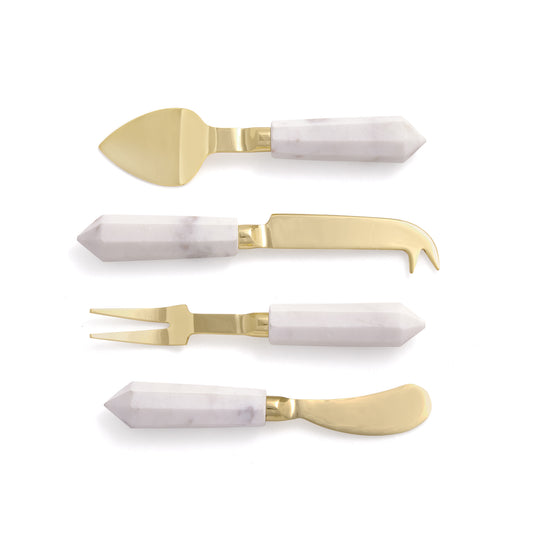 Marble never goes out of style. These classic cocktail accessories have faceted marble handles that are beautifully striated. Paired with a stainless steel gold finished detail, they will dress up any cheese tray.