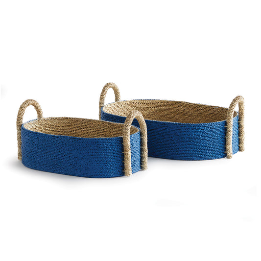 These tailored, double walled baskets are woven by hand by master artisans. Twisted seagrass is refined into rope, hand dyed and affixed to a wood panel  to keep it's shape. Substantial, yet soft, in a two-toned natural and indigo. No better way to add an upscale, designer's touch.