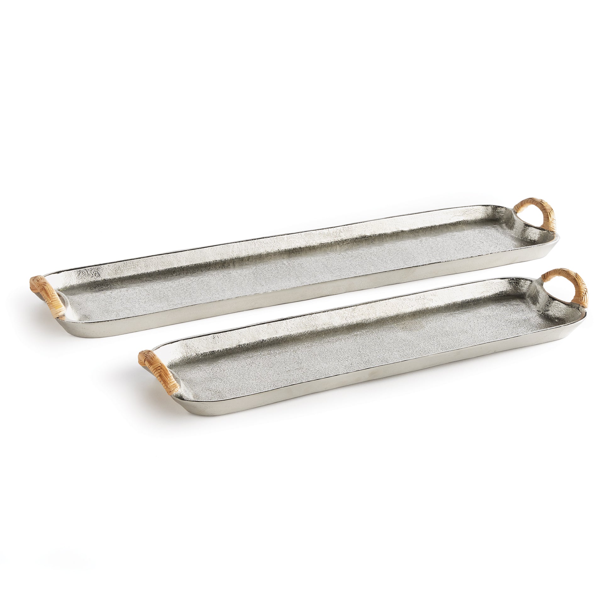 Made of cast aluminum in a warm silver finish, these modern trays have natural rattan-wrapped handles. Sit atop a kitchen island, dining table or mantle for a designer look.