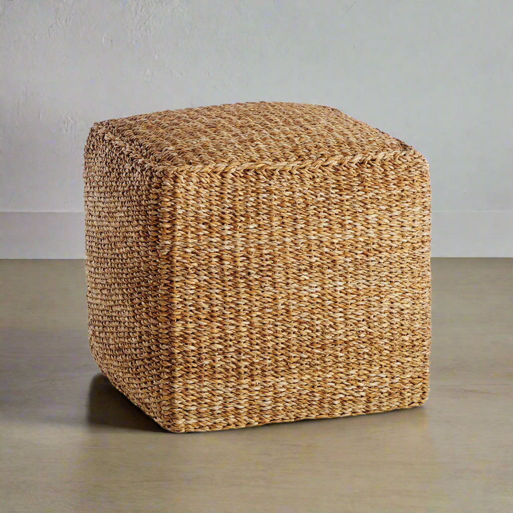 Handwoven Natural Seagrass Pouf with Double-Walled Design