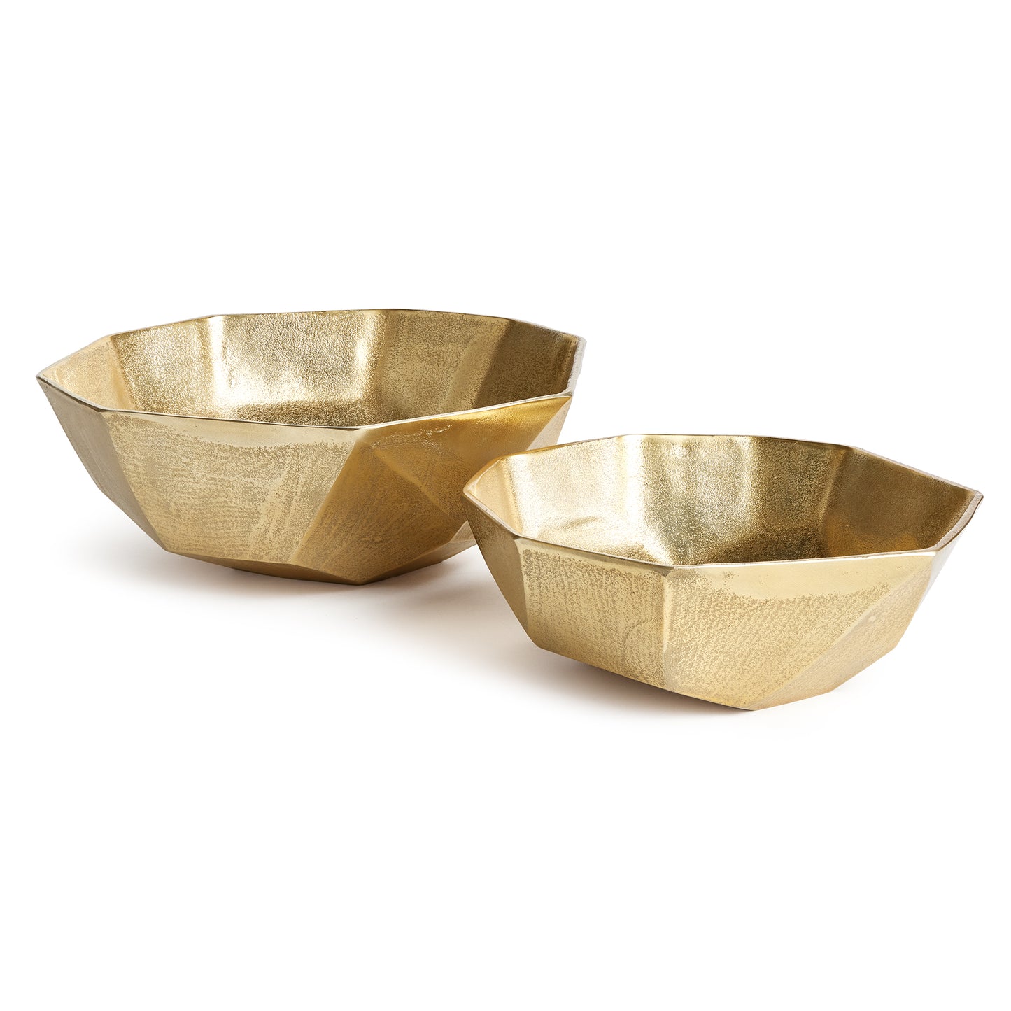 Made of cast aluminum, these geometric paneled bowls have a contemporary feel. A substantial set to hold natural elements in any tone that suits the space. Or, beautiful on their own. Great for ottoman or side table.