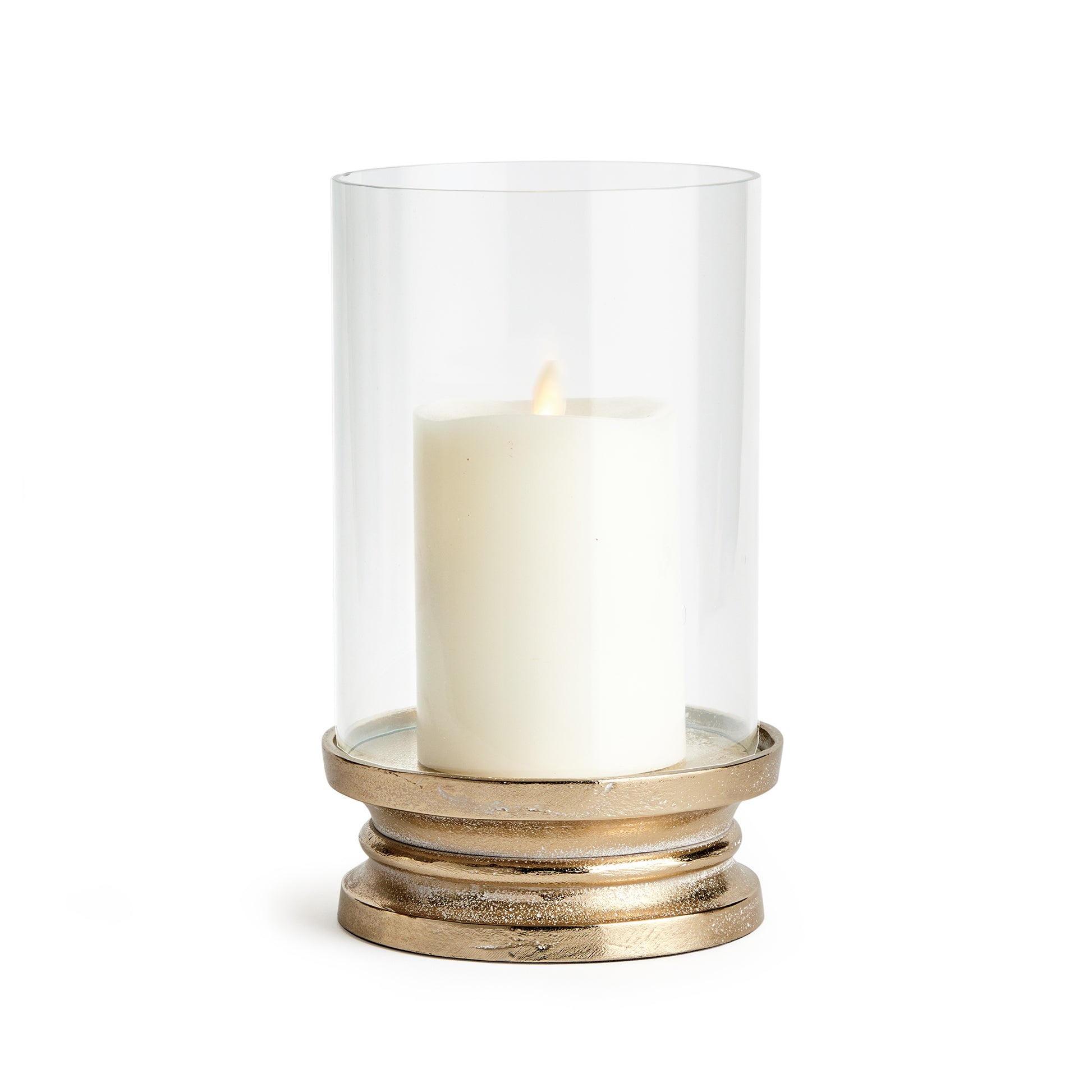 With a traditional silhouette and a snow-on-brass finish, this footed hurricane is at home in the fresh traditional setting. Add a tall pillar candle and enjoy the warm glow.