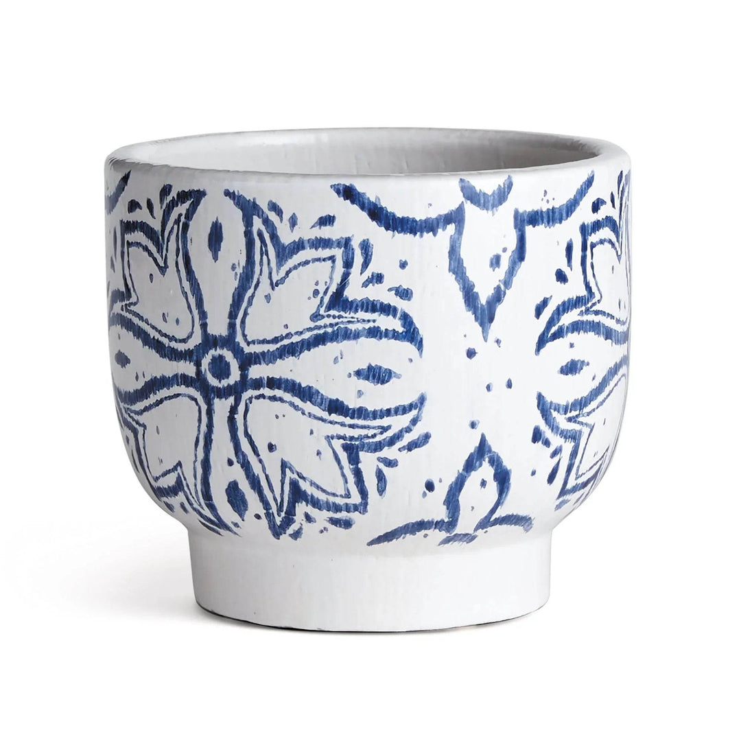 Ceramic cachepot planter in blue and white with hand painted floral design and thick pedestal base – Coastal Casual.

