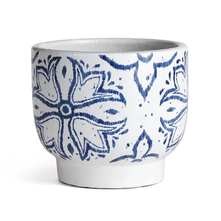 Ceramic cachepot planter in blue and white with hand painted floral design and thick pedestal base – Coastal Casual.

