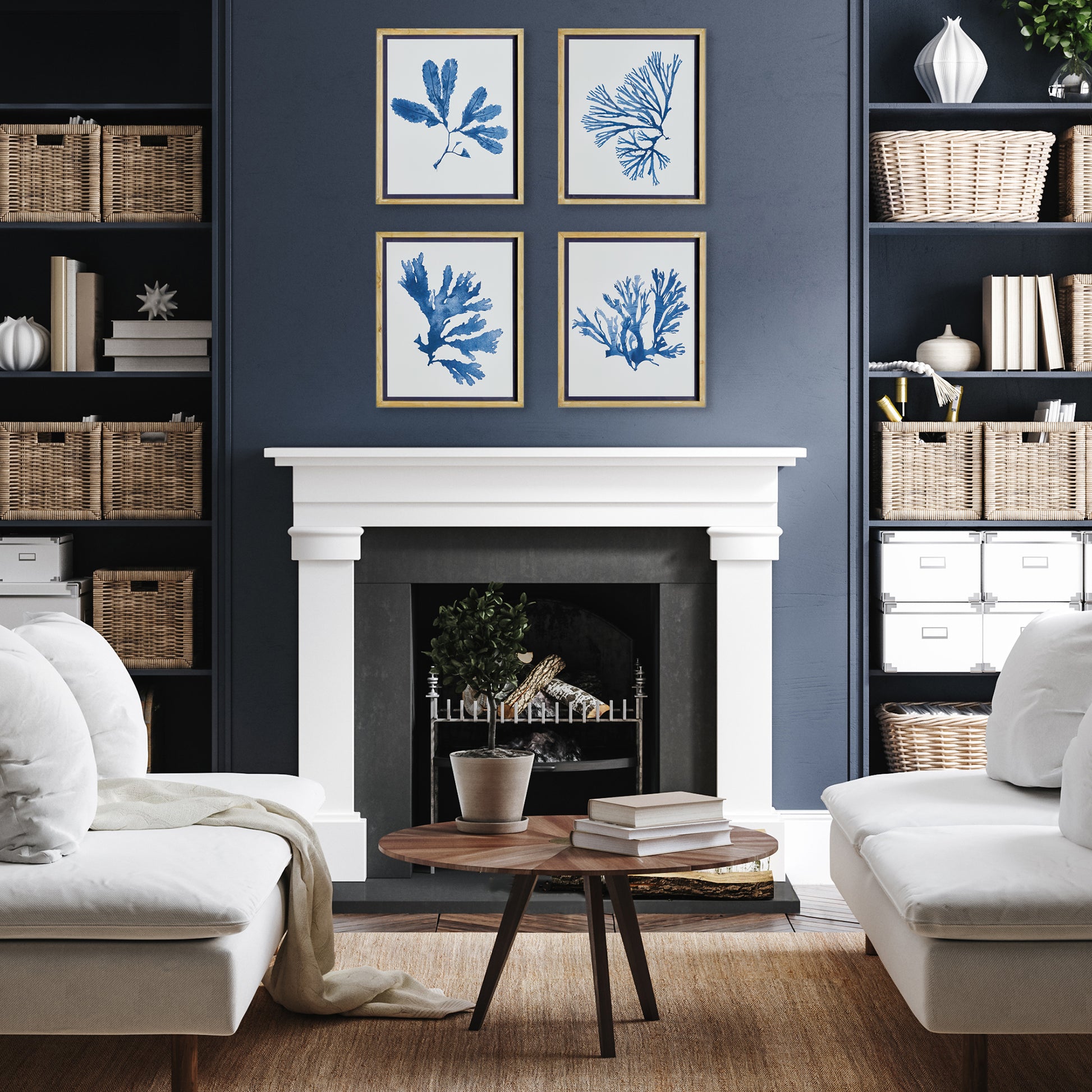 These signature upscale coastal chic prints showcase both elegance and scale. With a soft, watercolor design and whitewashed natural wood frames with indigo trim, these monochromatic seaweed prints add sophistication to any room in your home.