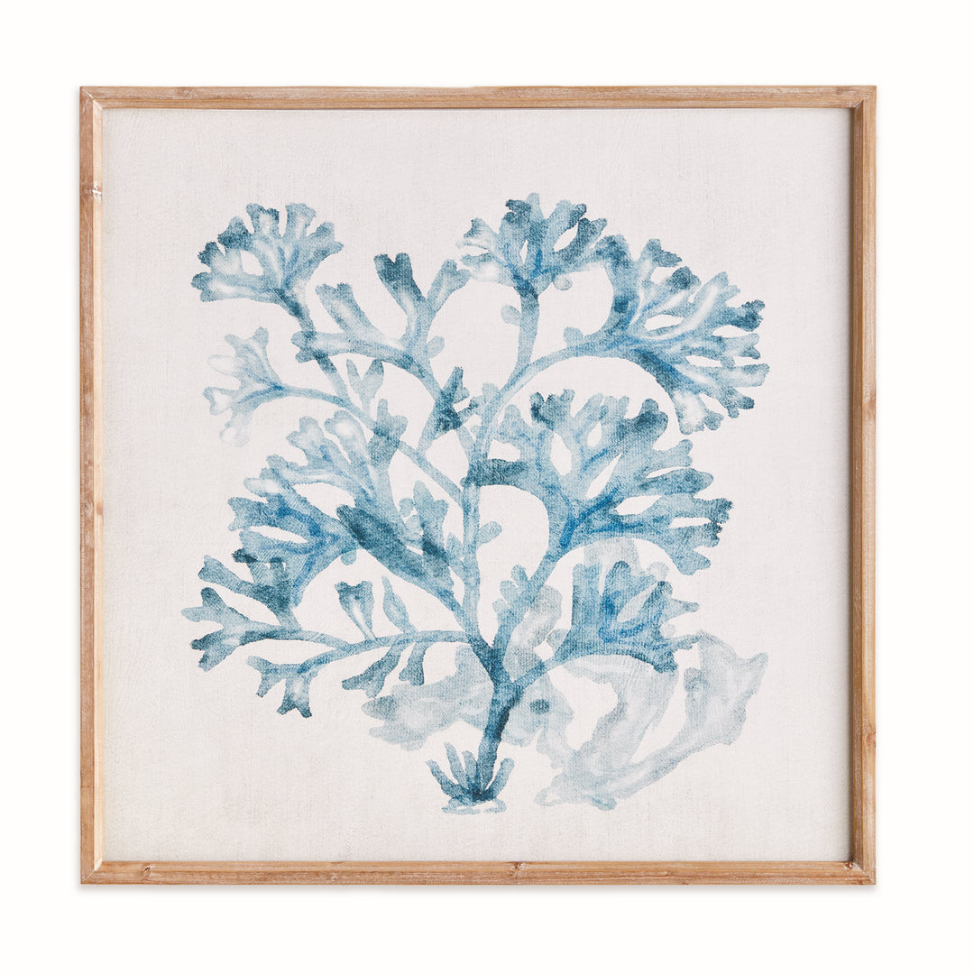 Square blue coral framed print with branching watercolor-style forms on a pale background and a natural wood frame. Coastal