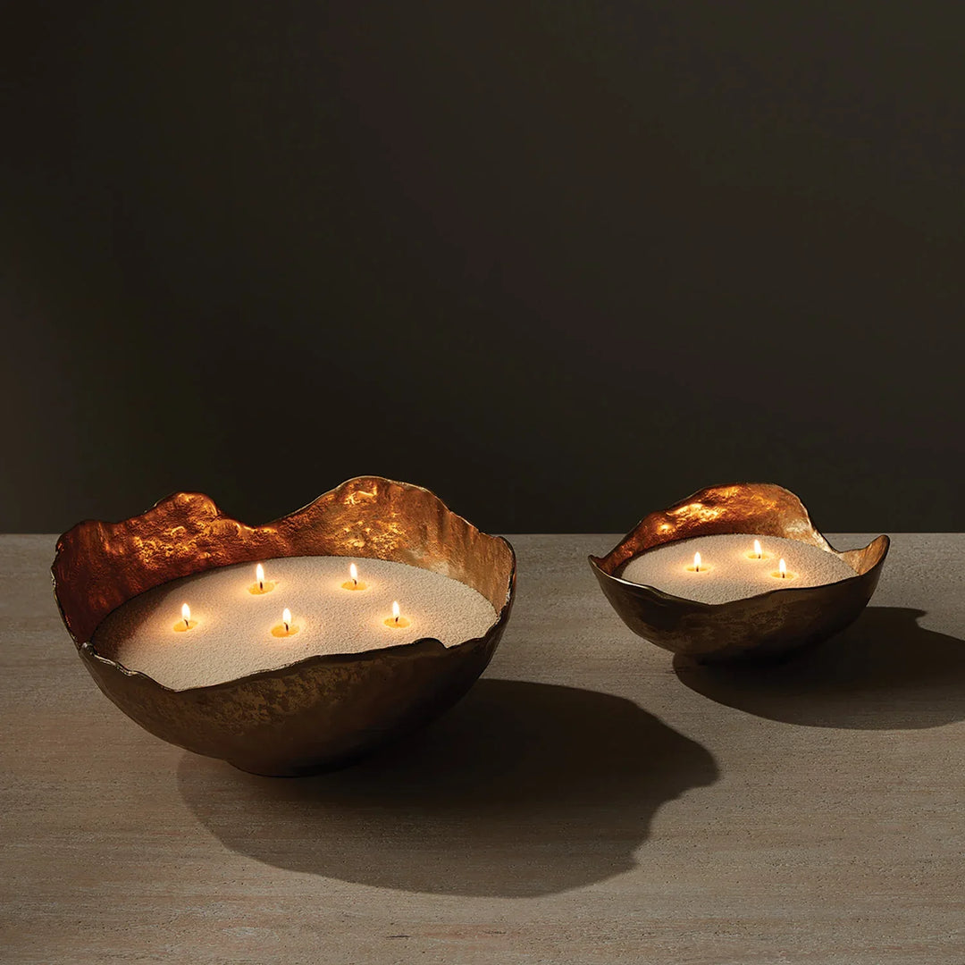 Cream candle sand in large decorative bowl with multiple wicks producing soft ambient light, refillable candle sand kit for vessels