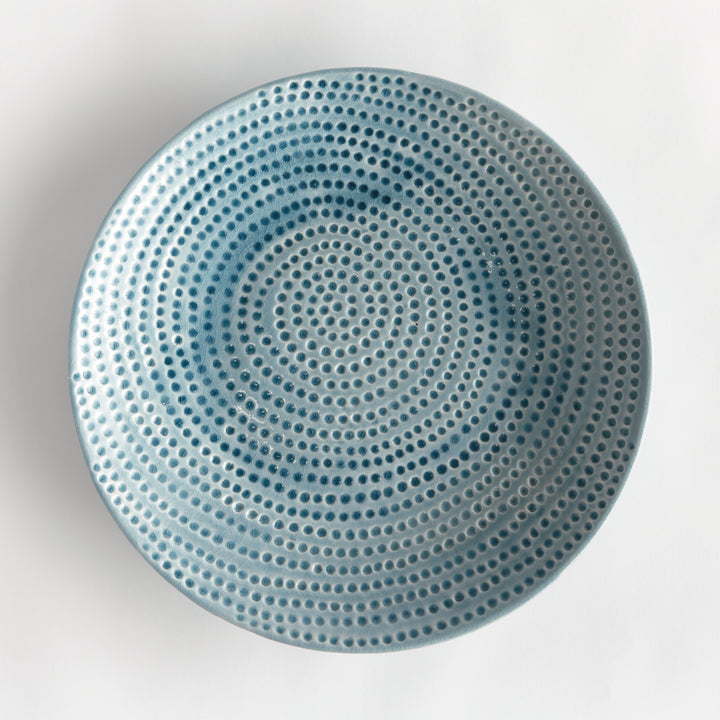 Overhead view of Carys blue decorative plate showing its circular form and organic off-center rows of textured dots. Coastal
