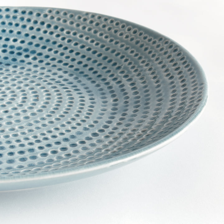 Close view of Carys blue decorative plate showing the curved rim and dotted glazed surface against a pale background. Coastal