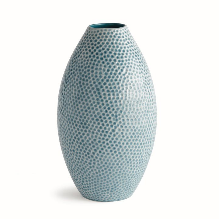 Carys tall blue ceramic vase with tapered shoulders, reactive glaze and organic dotted texture on a white background. Coastal
