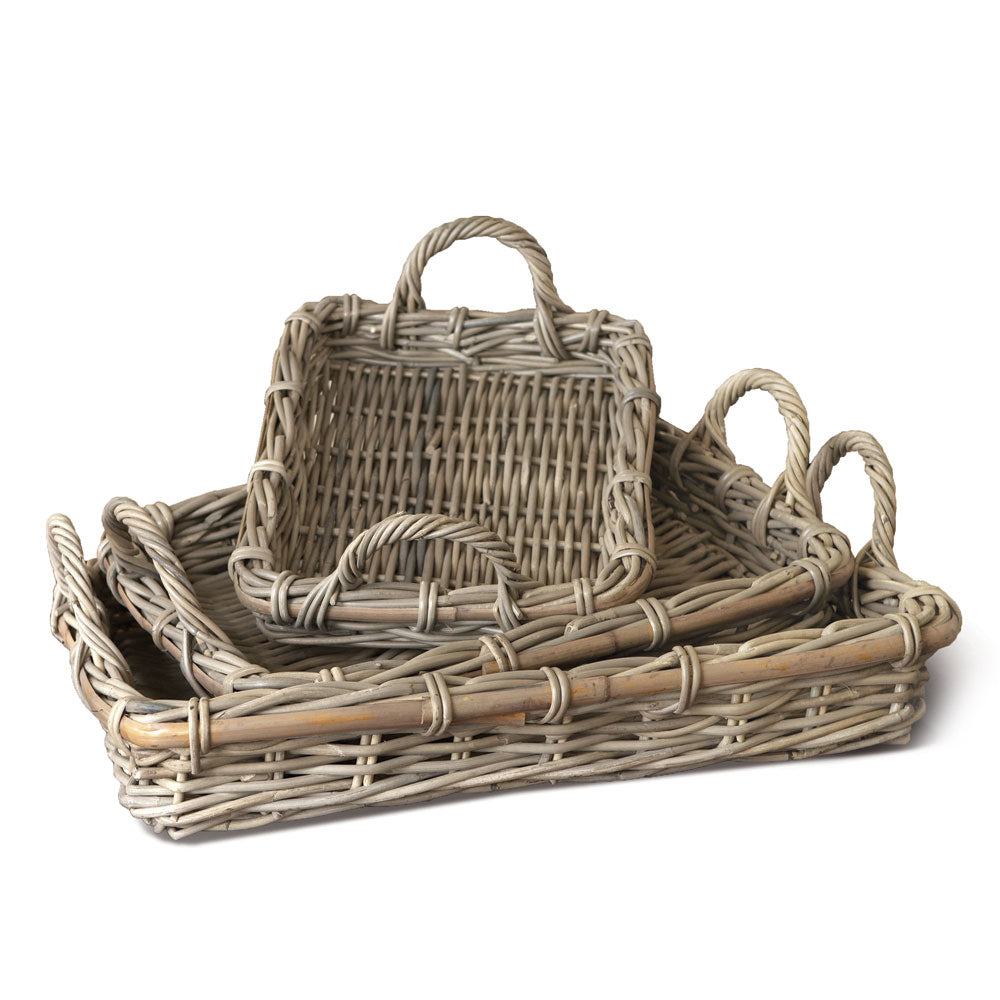 Set of 3 Handmade Dove Gray Rattan Serving Trays