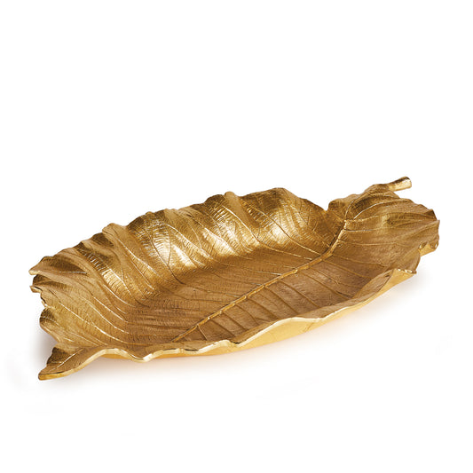 A hand-carved clay mold is what creates the natural leaf details. Made of aluminum, this substantial tray is then finished with a golden hue. On coffee table, console or countertop, this grand tray will steal the show.