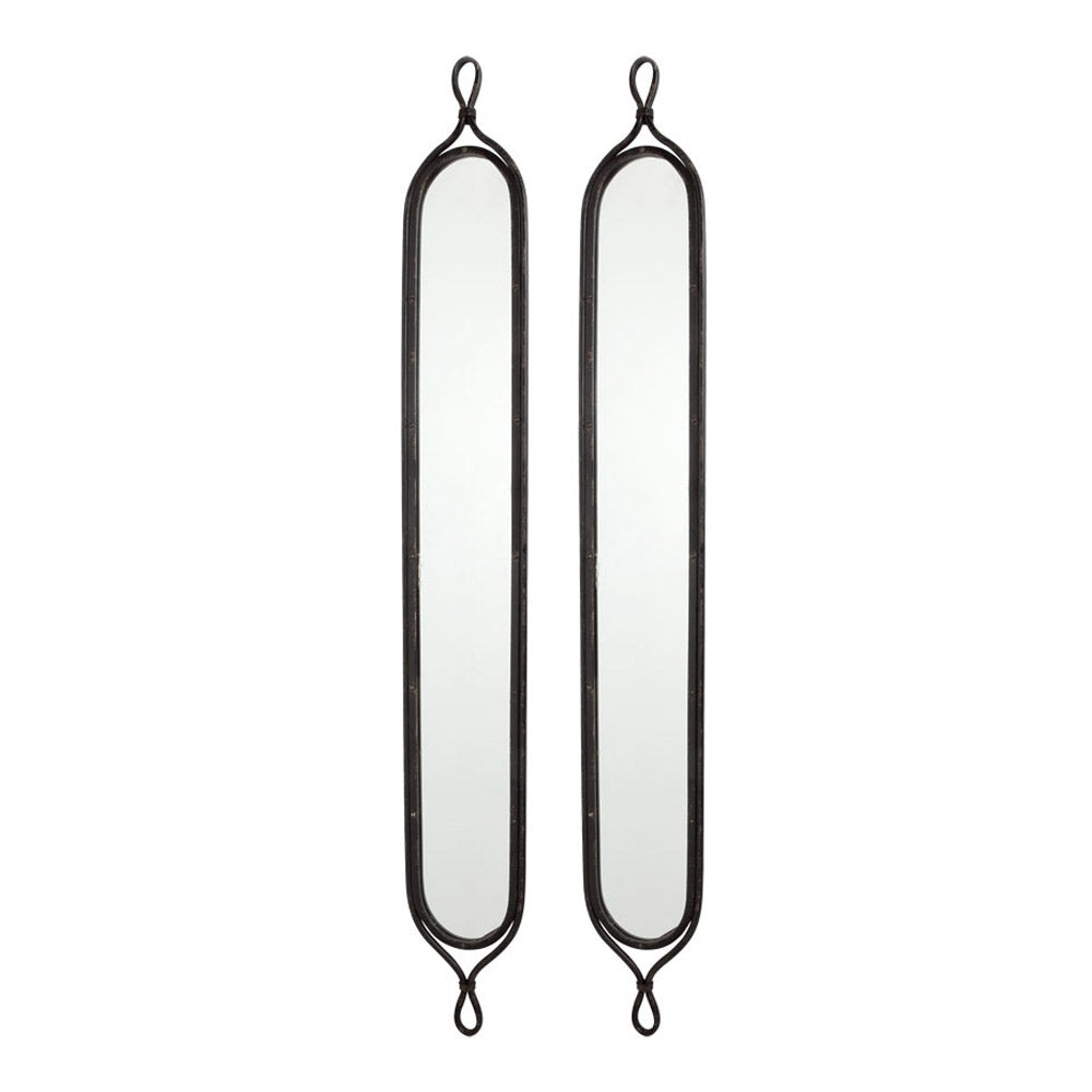Celeste pair of tall narrow antique black wall mirrors with rounded glass panels and looped iron frame ends. French Country