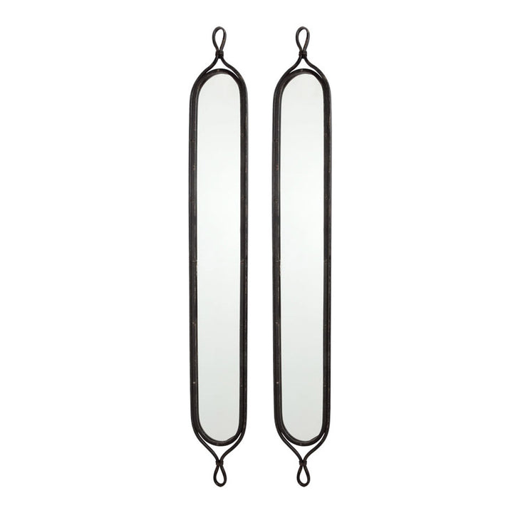 Celeste pair of tall narrow antique black wall mirrors with rounded glass panels and looped iron frame ends. French Country