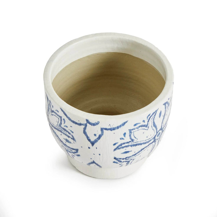 Interior view of blue and white ceramic cachepot planter showing clay construction and soft glaze variation – Coastal Casual.

