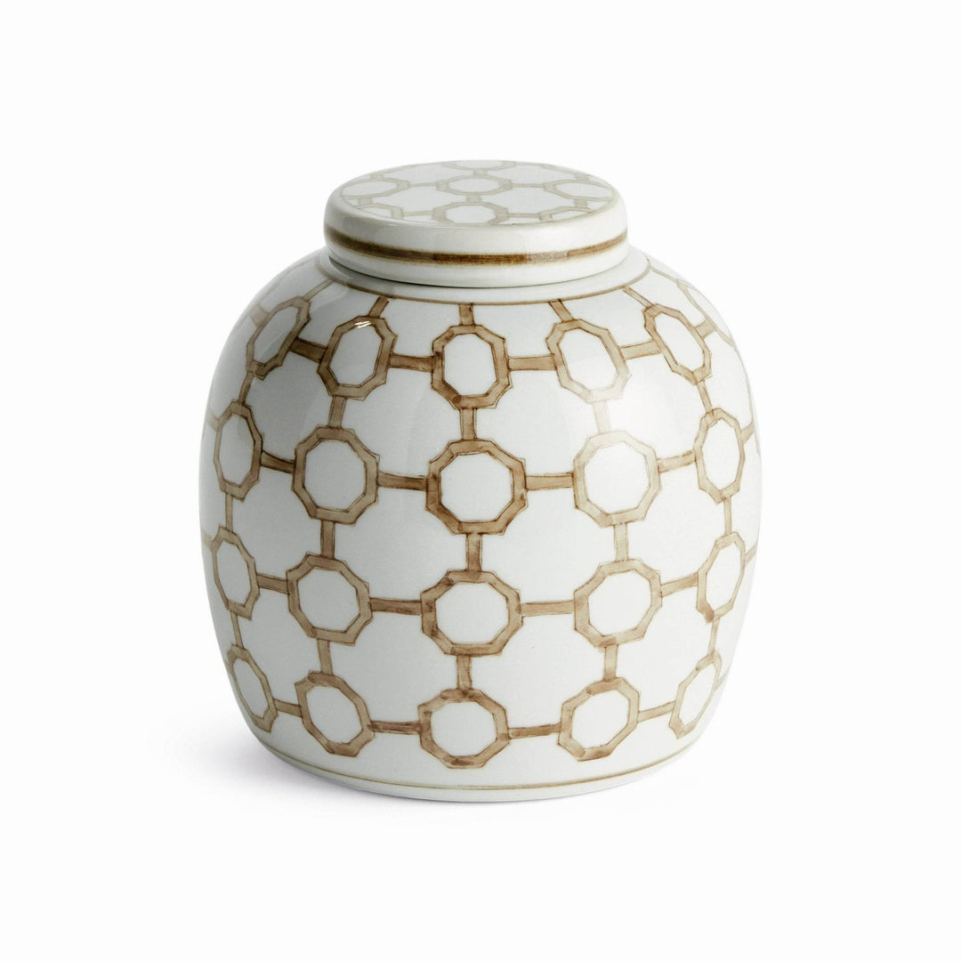 Small ceramic lidded jar in brown and white with geometric link pattern, shown on white background, round shape with fitted lid.